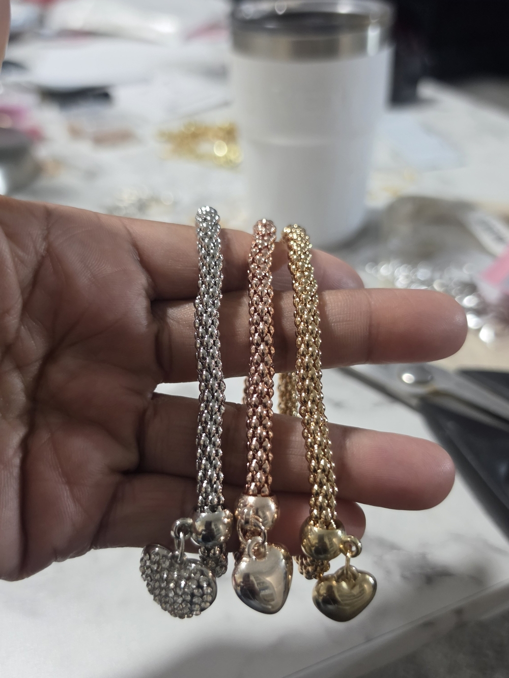 Tri-Color Heart Charm Bracelet Set - Gold, Rose Gold & Silver